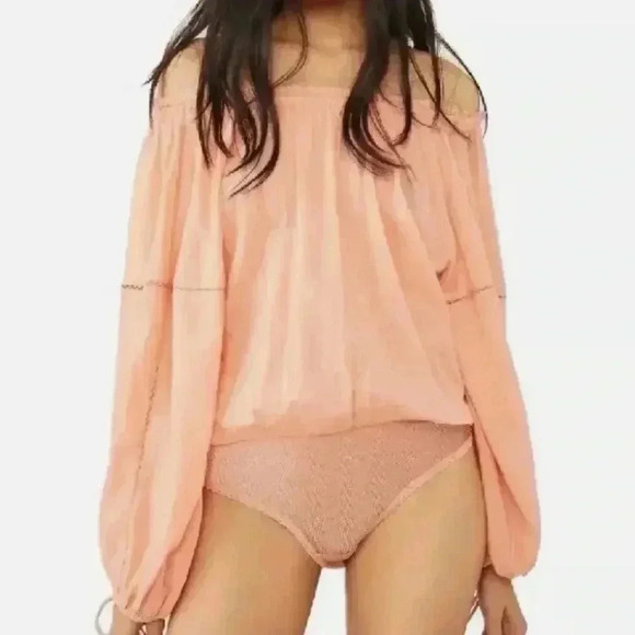 NWOT Free People Sundown Balloon Sleeve Bodysuit - Peach  - Size M - Picture 1 of 6